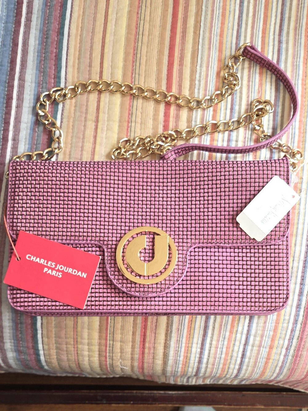 Charles Jourdan Pink Woven Chain Shoulder Bag with Gold Accent